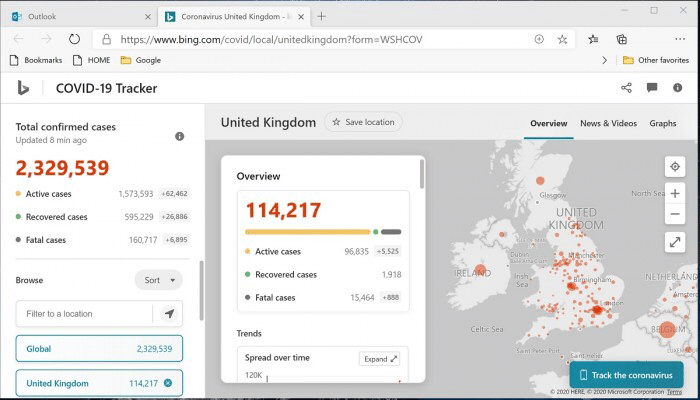 Windows 10 search function now has built-in Covid-19 tracker