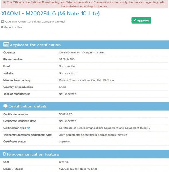 Xiaomi Note 10 Lite certified in Thailand