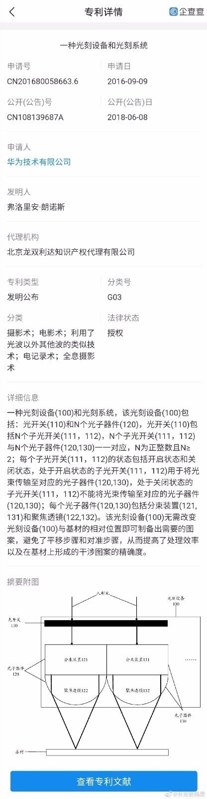 Huawei applied for patents on lithography equipment and systems four years ago